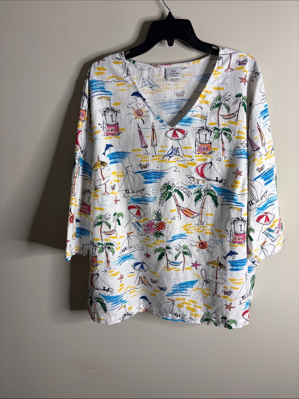 Hot Cotton White V-Neck Tunic with Multicolor Tropical Print